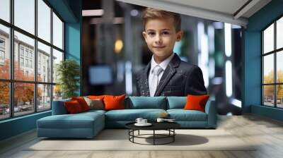 Portrait of a cute little boy in a business suit. Success in business. Wall mural