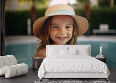 Portrait of a cute little girl in a straw hat in the pool Wall mural