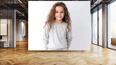 Portrait of a cute little girl with long curly hair on a white background Wall mural