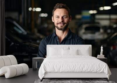 Portrait of a handsome young man standing with crossed arms in a car repair shop Wall mural