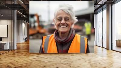 Portrait of a senior woman in a construction site smiling at the camera Wall mural