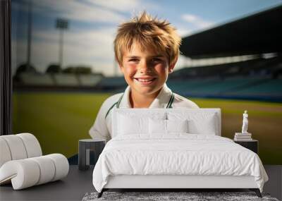 Portrait of a smiling boy with a baseball cap on the field Wall mural