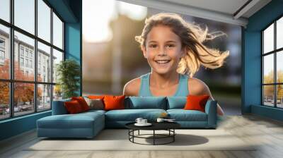 Portrait of a smiling little girl in sportswear running outdoors Wall mural