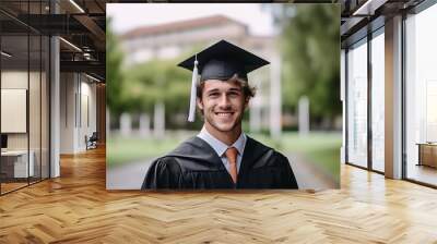 Portrait of a smiling male graduate in cap and gown standing outdoors Wall mural