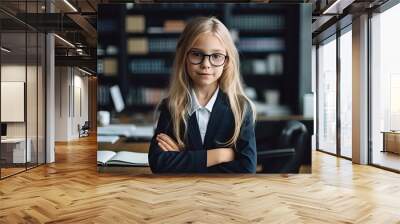 portrait of cute schoolgirl in eyeglasses looking at camera in library Wall mural