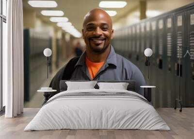 Portrait of happy african american male security guard standing in locker room Wall mural