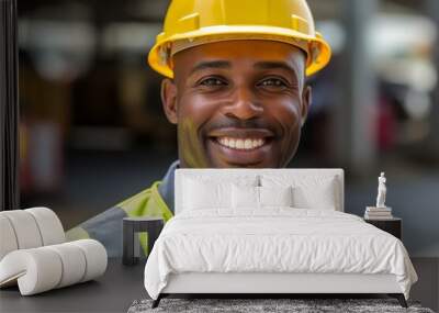 Portrait of happy african american worker in hardhat at warehouse Wall mural