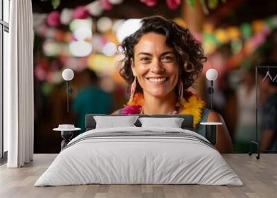 Portrait of happy young woman smiling at camera in a tropical restaurant Wall mural