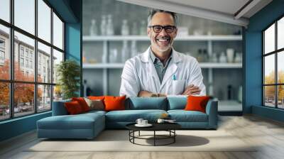 portrait of smiling mature doctor in white coat and eyeglasses standing with crossed arms in clinic Wall mural