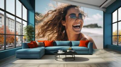 woman laughing on the beach stock shot, in the style of explosive pigmentation, light white and brown, jewish culture themes, sony alpha a7 iii, lively facial expressions, contest winner, heatwave Wall mural