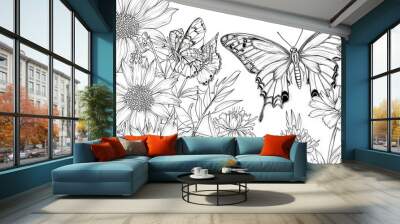   A B&W image of a butterfly flying over a flower field with daisies in the foreground Wall mural