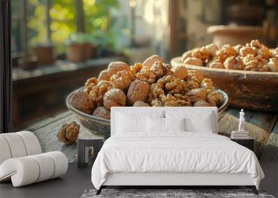   A bowl of nuts sits on a table next to a bowl of walnuts, in front of a window Wall mural