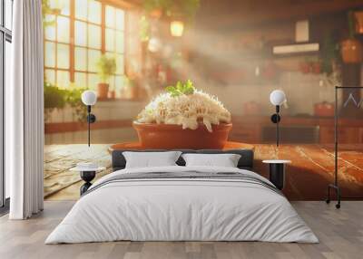   A brown bowl sits atop a wooden table, brimming with white blossoms A potted plant rests beside it, also perched on wood Wall mural