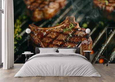   A close-up image of a juicy steak sizzling on a grill with billowing smoke rising from the top Wall mural