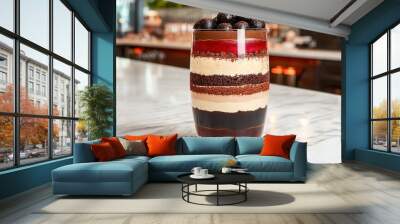   A close-up of a dessert in a glass on a counter with a blurry background Wall mural