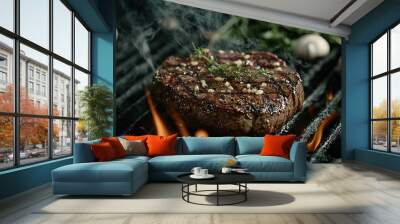   A close-up of a grilled steak with sautéed onions and garlic nearby Wall mural