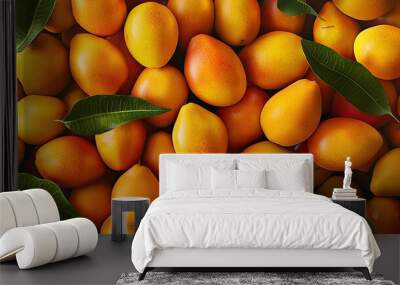   A close-up shot of juicy fruits with lush greenery framing them at the top and bottom Wall mural