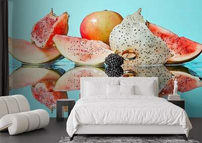   A cluster of fruits resting beside water on a blue background Wall mural