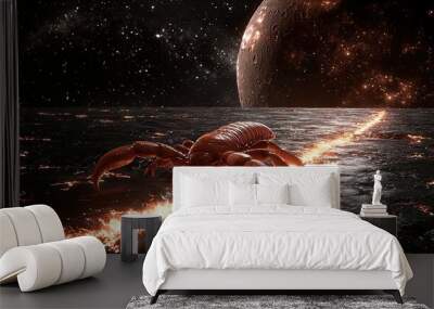   a crab moving on water in front of a planet Wall mural