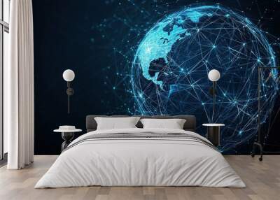  A dark background shows Earth's spherical outline with lines and dots representing its global network Wall mural