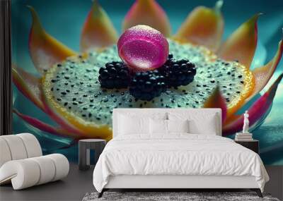   A detailed image of a fruit resting on water, with a vibrant pink sphere as its focal point Wall mural