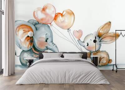   A drawing of two elephants holding balloons in midair, with one heart-shaped balloon on the baby elephant's back Wall mural