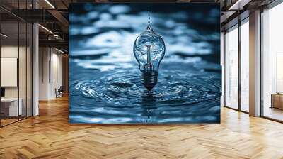  A floating light bulb on water's surface with a water droplet beneath it Wall mural