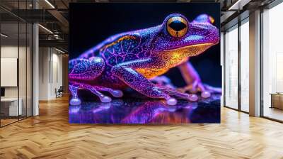   A frog on black with purple and yellow hues sits near a bright light and fuzzy backdrop Wall mural