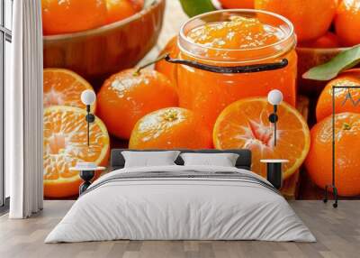   A group of oranges is arranged on a table along with a bowl of oranges and a jam container Wall mural