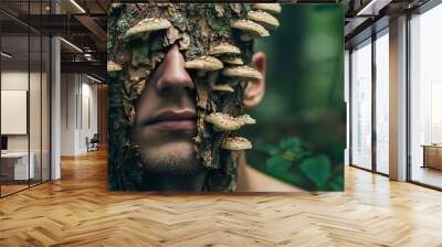   A man's face surrounded by mushrooms growing on the side of a tree in the heart of the forest Wall mural