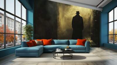   A man in a long coat and top hat walks down a dark alley in a foggy alleyway Wall mural