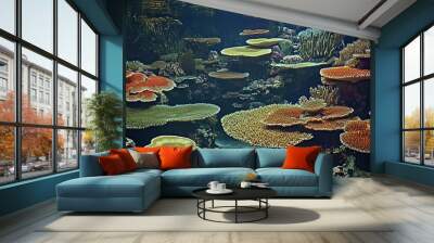   A massive aquarium brimming with numerous diverse corals and anemones resting at water's depth Wall mural