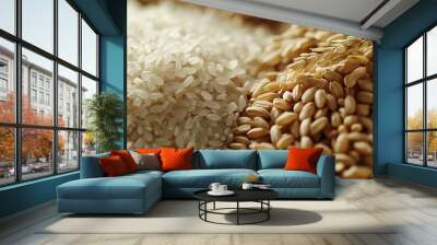   A mountain of white and brown rice alongside two piles of mixed rice Wall mural