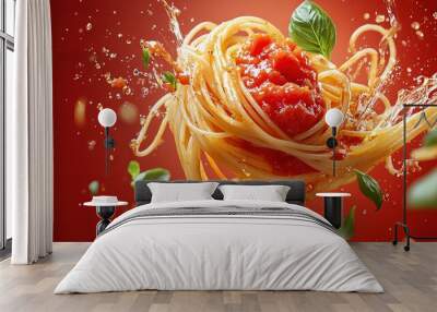   A pasta dish with tomato sauce and basil sprinkled on top, served with a splash of water Wall mural