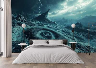  A photo of a stormy sky with a spiral object in the foreground and a bolt of lightning in the backdrop Wall mural