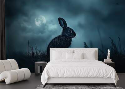   A rabbit sits in grass beneath a full moon Wall mural