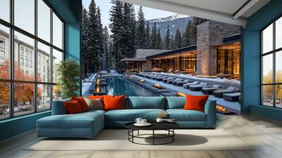   A row of chaise lounges by a snow-covered pool in a winter wonderland Wall mural