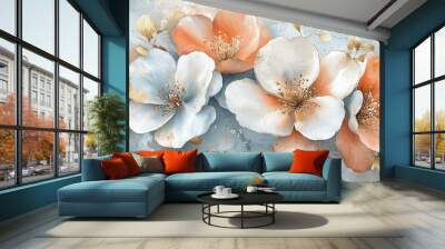   A stunning depiction of three peaches and white blossoms against a blue-white backdrop, adorned with gold leaf details on the petal bases Wall mural