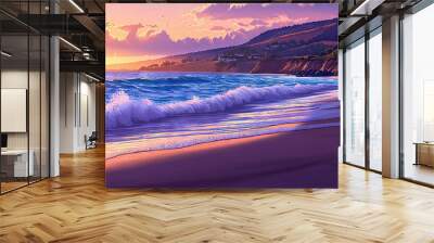   A stunning painting of a sunset on a beach with waves crashing on the shore and trees on the hill in the background Wall mural