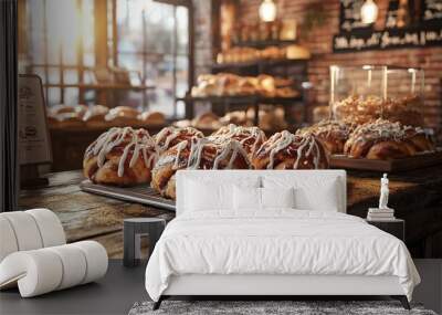   A table topped with numerous pastries drizzled in icing adjoining a sign displaying the menu Wall mural