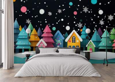   A vibrant Christmas setting featuring multicolored houses against a dark backdrop, adorned with graceful snowflakes cascading from above Wall mural