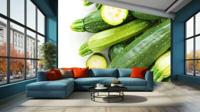   A white table holds two piles of vegetables, one with cucumbers and the other with zucchini Wall mural