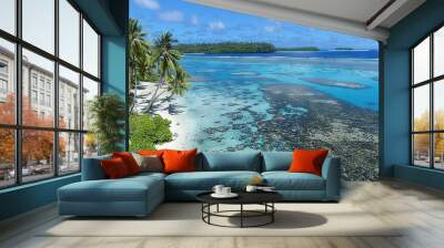   An overhead photo of a tropical island featuring a white sandy shoreline and turquoise sea with palm trees in the foreground Wall mural