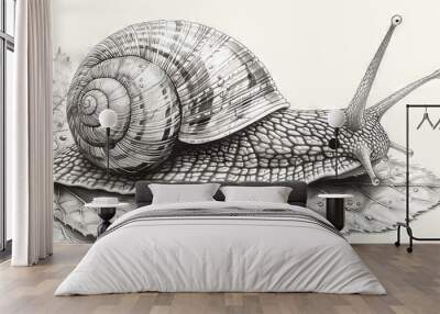   Black & white snail illustration on leaf with droplets Wall mural