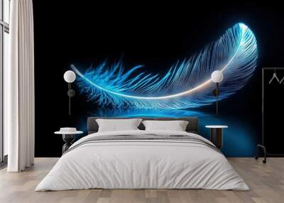   Blue feather on black background with light reflection Wall mural