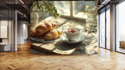   Croissants and coffee on a table with flowers Wall mural