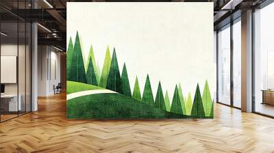   Green landscape painting with white line dividing central trees Wall mural