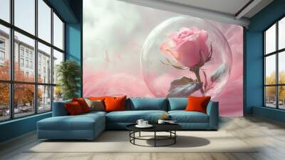  Pink Rose Inside Glass Ball with Feathers Wall mural