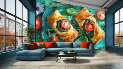   Plate of mixed veggies on a green background with floral elements Wall mural