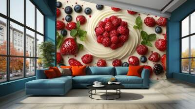   Strawberries, blueberries, raspberries and strawberries are displayed on a white plate on a table Wall mural